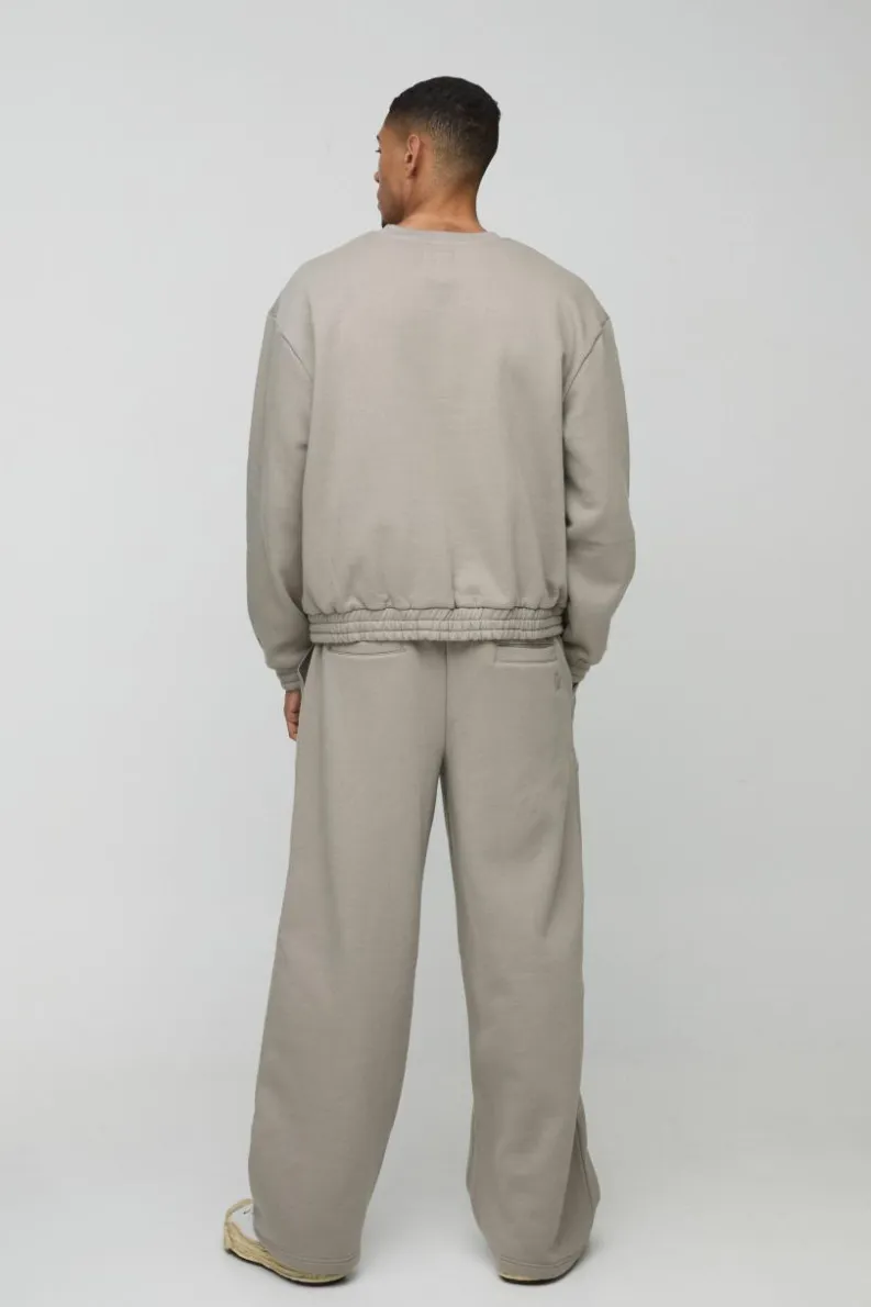 Cheap boohooMAN Wide Leg Heavyweight Reverse Pocket 3D Embroidered Joggers taupe