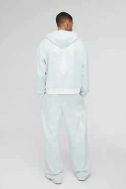 Discount boohooMAN Wide Leg Limited Edition Cross Applique Joggers light blue
