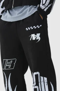Cheap boohooMAN Wide Leg Moto Flame Jogger black