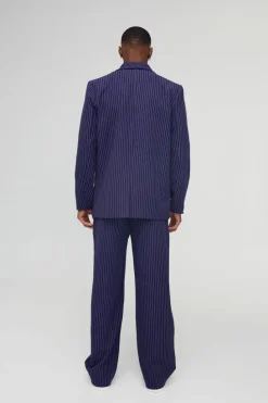 Best Sale boohooMAN Wide Leg Pinstripe Fixed Waist Trouser navy