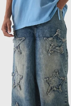 Hot boohooMAN Wide Leg Rigid Star Distressed Applique Jeans vintage blue