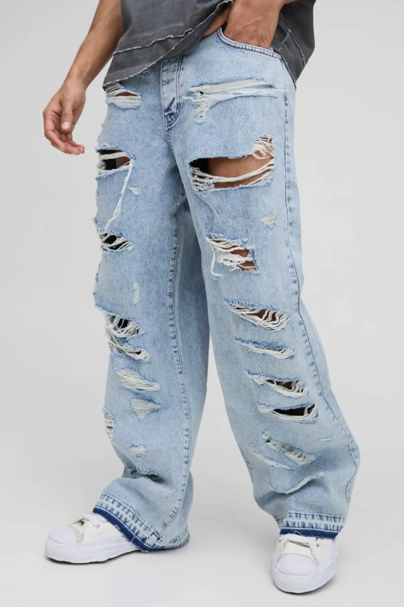 New boohooMAN Wide Leg Skater All Over Ripped Distressed Jeans light blue