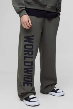 Store boohooMAN Wide Leg Worldwide Print Jogger khaki