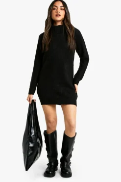 Discount boohoo Wide Rib Bardot Neckline Mini Jumper Dress black