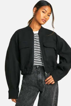 Cheap boohoo Wool Look Double Zip Bomber Jacket black