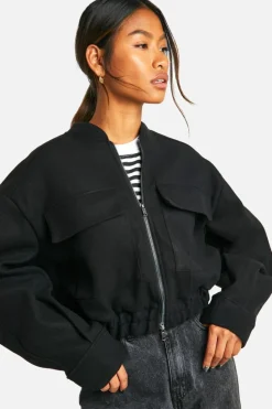 Cheap boohoo Wool Look Double Zip Bomber Jacket black