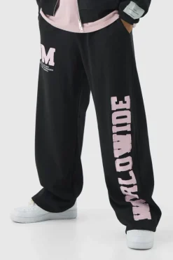 Hot boohooMAN Worldwide Raw Edge Applique Wide Leg Jogger black