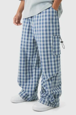 New boohooMAN Woven Check Parachute Cargo Trousers blue