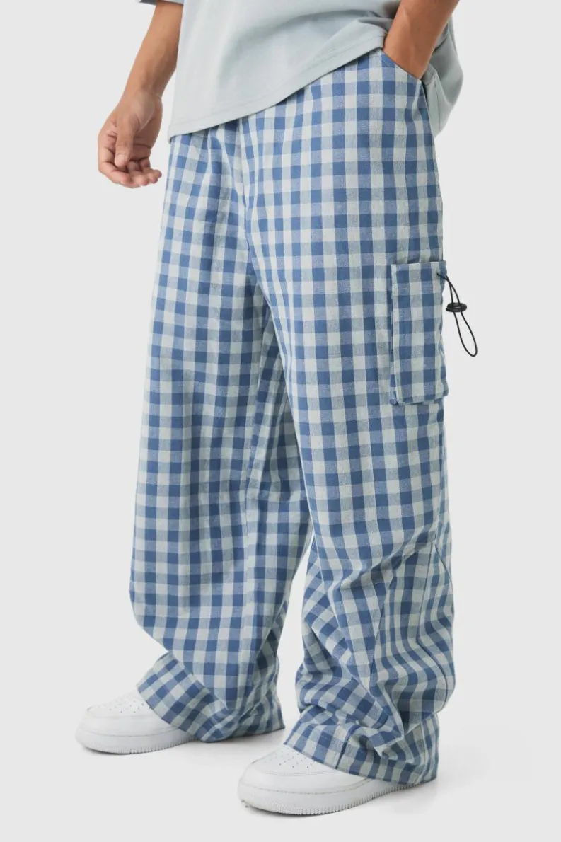 New boohooMAN Woven Check Parachute Cargo Trousers blue