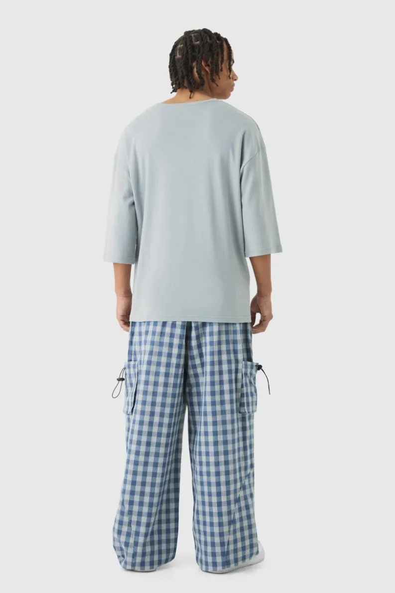 New boohooMAN Woven Check Parachute Cargo Trousers blue