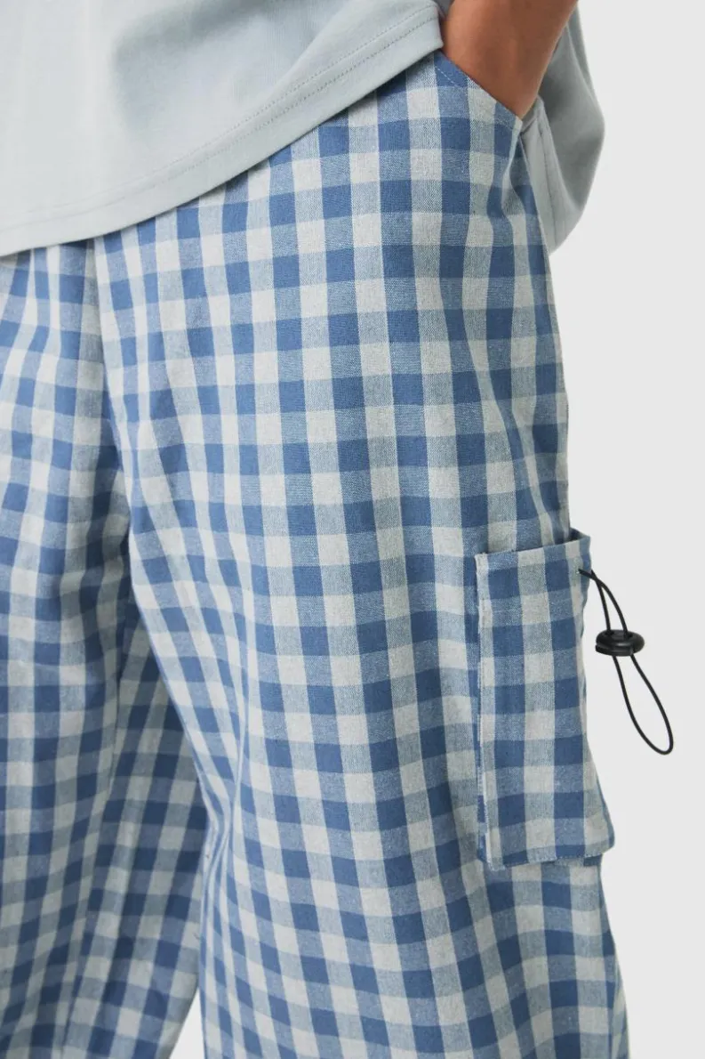 New boohooMAN Woven Check Parachute Cargo Trousers blue