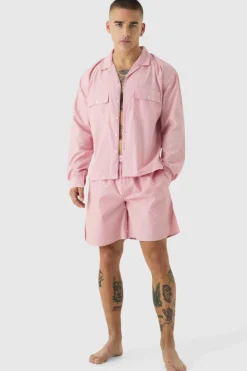 Outlet boohooMAN Woven Oversized Shirt & Short Lounge Set red