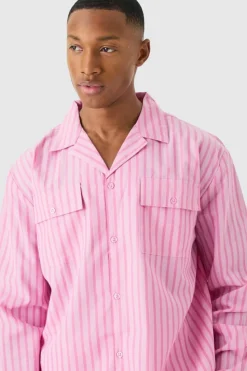 Cheap boohooMAN Woven Stripe Lounge Shirt pink