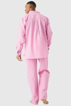 Cheap boohooMAN Woven Stripe Lounge Shirt pink