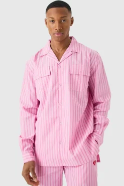 Cheap boohooMAN Woven Stripe Lounge Shirt pink