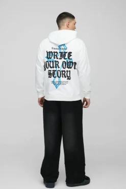 Clearance boohooMAN Write Your Own Story Cross Text Graphic Hoodie white