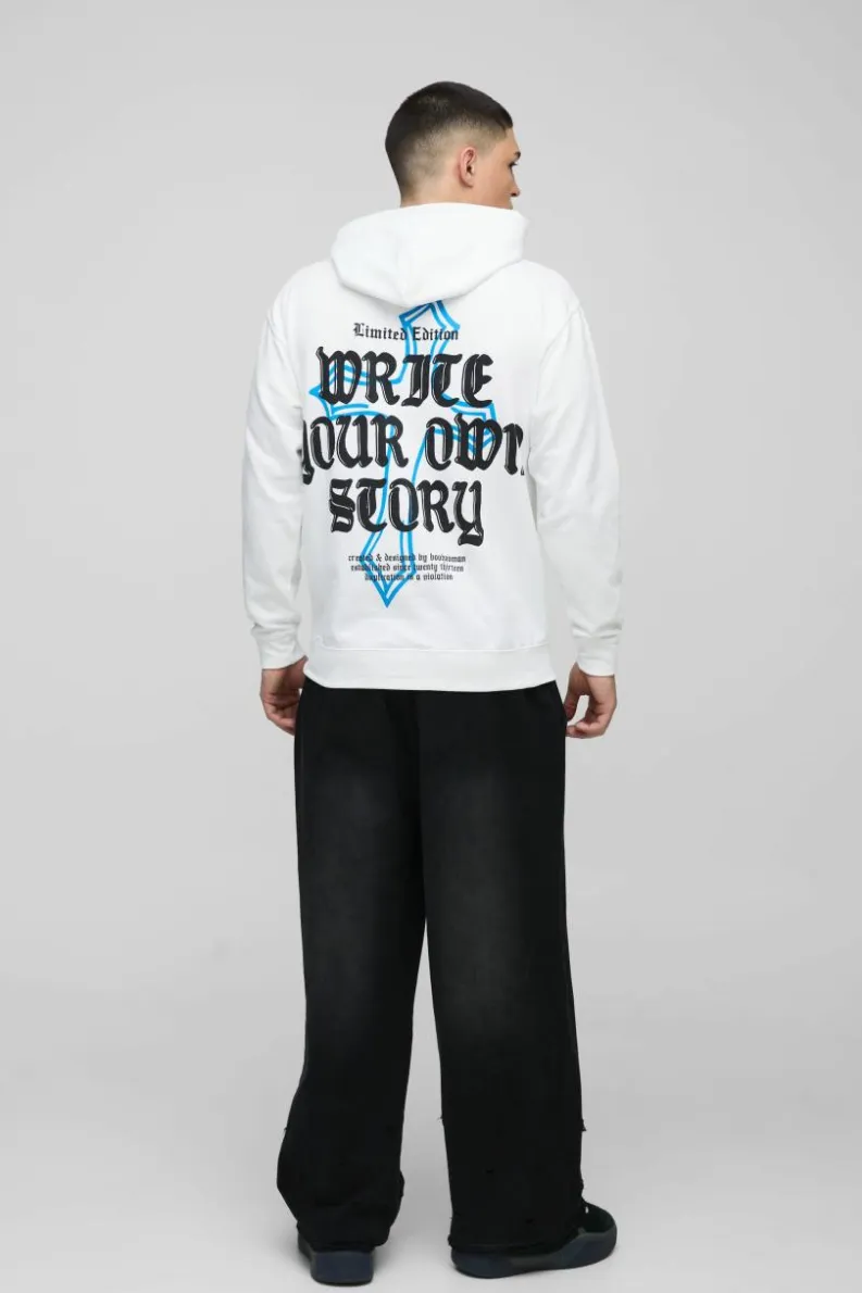 Clearance boohooMAN Write Your Own Story Cross Text Graphic Hoodie white