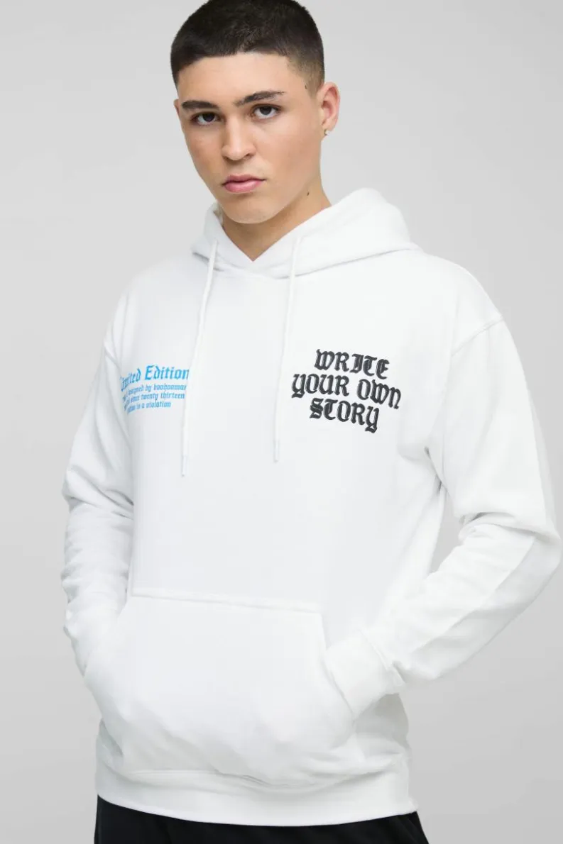 Clearance boohooMAN Write Your Own Story Cross Text Graphic Hoodie white