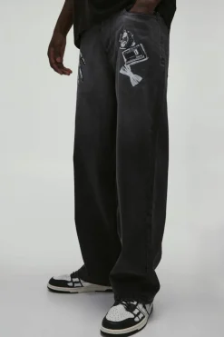 Outlet boohooMAN X-Ray Printed Relaxed Fit Jeans washed black