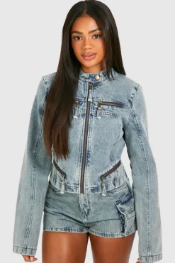 Online boohoo Zip Detail Slim Fit Denim Moto Jacket vintage blue