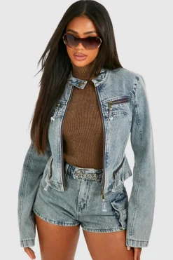 Online boohoo Zip Detail Slim Fit Denim Moto Jacket vintage blue