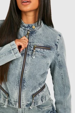 Online boohoo Zip Detail Slim Fit Denim Moto Jacket vintage blue