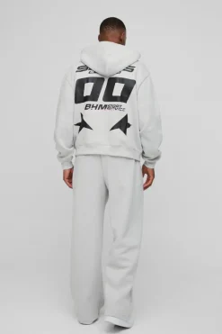 Store boohooMAN Zip Through Moto And Jogger Print Tracksuit light grey